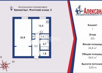 Продается 1-комнатная квартира, 54 м2, Кронштадт, Флотская улица, 2