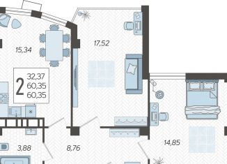 Продается двухкомнатная квартира, 60.4 м2, Краснодар, микрорайон ХБК, Уральская улица, 100/8