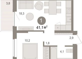 Продается 1-комнатная квартира, 41.1 м2, рабочий посёлок Краснообск