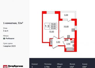 Продам 1-комнатную квартиру, 32 м2, Санкт-Петербург, Колпинское шоссе, 127