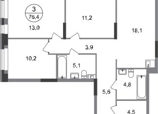 Трехкомнатная квартира на продажу, 76.4 м2, Москва