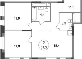 Продам 2-ком. квартиру, 61.3 м2, Москва