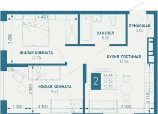 2-комнатная квартира на продажу, 52.5 м2, посёлок Берёзовый, улица Профессора Рудакова, 3