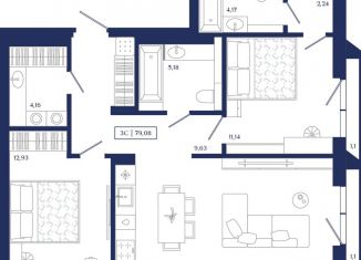 Продам трехкомнатную квартиру, 79.1 м2, Новосибирск, улица Семьи Шамшиных, 6/1, метро Октябрьская