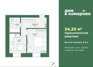 Однокомнатная квартира на продажу, 34.3 м2, Челябинская область, бульвар Карпова, 13