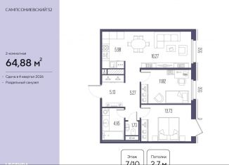 Двухкомнатная квартира на продажу, 64.9 м2, Санкт-Петербург, Малый Сампсониевский проспект, 2