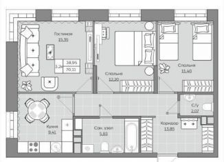 Продам трехкомнатную квартиру, 70.1 м2, Казань, жилой комплекс Станция Спортивная, 2.2