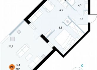 Однокомнатная квартира на продажу, 57.1 м2, поселок городского типа Заозерное, улица Аллея Дружбы, 10А