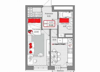 Продаю однокомнатную квартиру, 35.7 м2, Казань