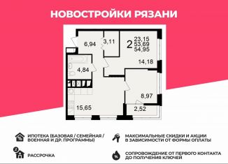 Продажа двухкомнатной квартиры, 55 м2, Рязань