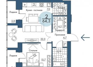 Продается двухкомнатная квартира, 64.3 м2, Красноярский край