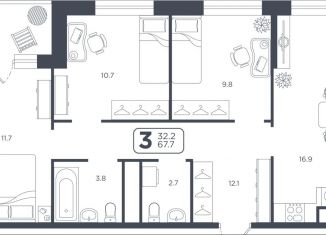 Продаю трехкомнатную квартиру, 67.7 м2, Тюмень, Дамбовская улица, 25к1