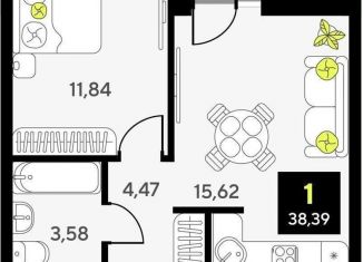 Продам 1-ком. квартиру, 38.4 м2, Тюмень