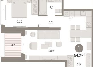 Продается 1-ком. квартира, 54.3 м2, Тюмень