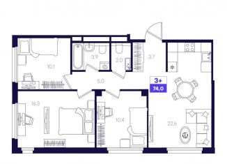 3-комнатная квартира на продажу, 74 м2, Тюмень