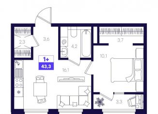 1-комнатная квартира на продажу, 43.3 м2, Тюмень