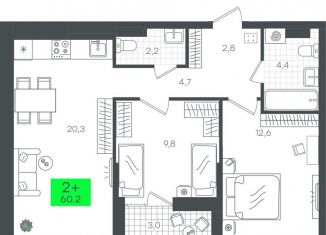 Продаю 2-комнатную квартиру, 60.2 м2, Тюмень, улица Василия Малкова, 7