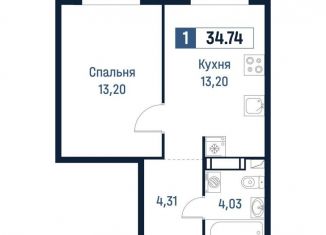 Однокомнатная квартира на продажу, 34.7 м2, Мурино