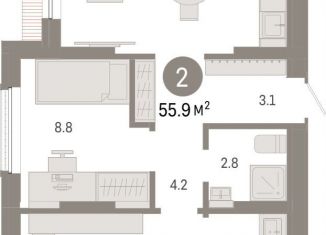 Продаю двухкомнатную квартиру, 55.9 м2, Тюмень