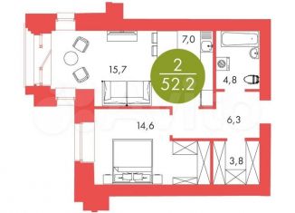 Продам 2-ком. квартиру, 52.2 м2, Красноярск