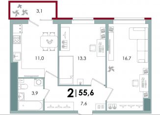 Продам двухкомнатную квартиру, 55.6 м2, Тверь