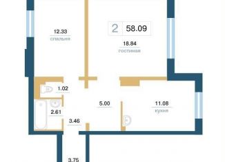 2-комнатная квартира на продажу, 58.1 м2, Красноярск, Советский район, улица Светлова, 44