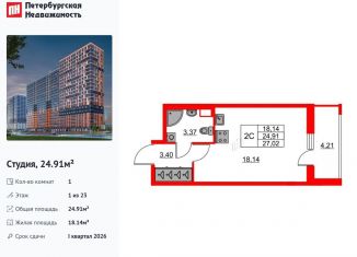 Продаю квартиру студию, 24.9 м2, деревня Новосаратовка