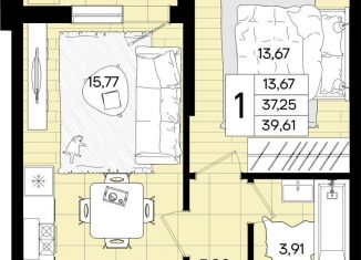 Продам 1-комнатную квартиру, 39.6 м2, Краснодар