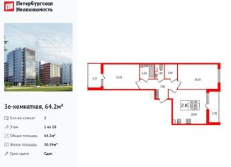 Продажа 2-комнатной квартиры, 64.2 м2, Санкт-Петербург, муниципальный округ Светлановское