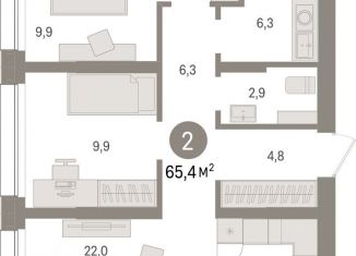 2-ком. квартира на продажу, 65.4 м2, Тюмень