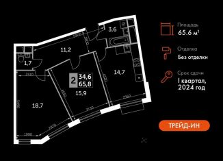 Продам 2-ком. квартиру, 65.6 м2, посёлок Развилка, Римский проезд, 13, ЖК Римский