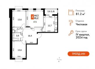 Трехкомнатная квартира на продажу, 81.2 м2, посёлок Развилка, Римский проезд, 13