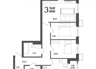 Продажа трехкомнатной квартиры, 69.4 м2, Уфа, Октябрьский район