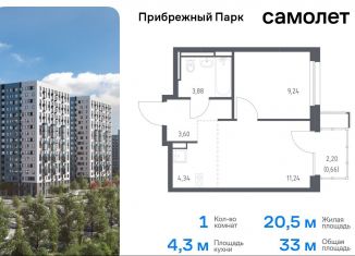 Однокомнатная квартира на продажу, 33 м2, село Ям, жилой комплекс Прибрежный Парк, 10.2