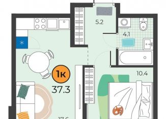 1-комнатная квартира на продажу, 37.3 м2, Тюмень, улица Эльвиры Федоровой, 3