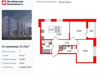 Продается 2-ком. квартира, 55.3 м2, Санкт-Петербург