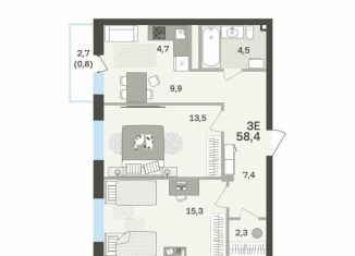 Продается трехкомнатная квартира, 58.4 м2, Пермский край