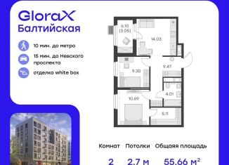 Продается 2-комнатная квартира, 55.7 м2, Санкт-Петербург, улица Шкапина, 15, метро Балтийская