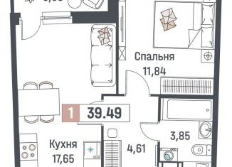 Продается 1-комнатная квартира, 39.5 м2, Мурино