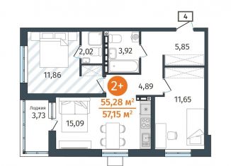 Продаю 2-ком. квартиру, 55.3 м2, деревня Дударева