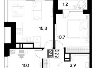 2-ком. квартира на продажу, 45.7 м2, Омск, Ленинский округ