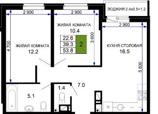 Продается 2-комнатная квартира, 53.8 м2, Краснодар, ЖК Дыхание