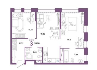 Продается 2-ком. квартира, 58.2 м2, Тюмень, улица Новосёлов, 98