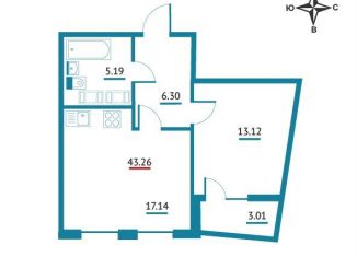 Продается однокомнатная квартира, 43.3 м2, Мурино