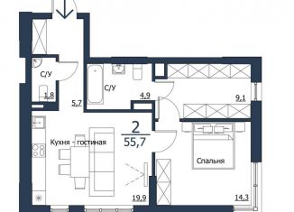 Двухкомнатная квартира на продажу, 55.7 м2, Красноярск, улица Петра Подзолкова, 1, Центральный район