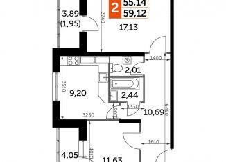 Продается 2-комнатная квартира, 58.6 м2, Калуга, Пригородная улица, 56