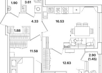 Двухкомнатная квартира на продажу, 53.9 м2, Санкт-Петербург, метро Академическая