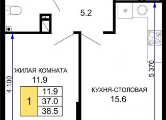 Продажа 1-ком. квартиры, 38.5 м2, Краснодар, ЖК Дыхание