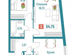 Двухкомнатная квартира на продажу, 54.8 м2, Мурино