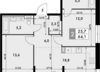 Продается 2-ком. квартира, 64.1 м2, Казань, Приволжский район